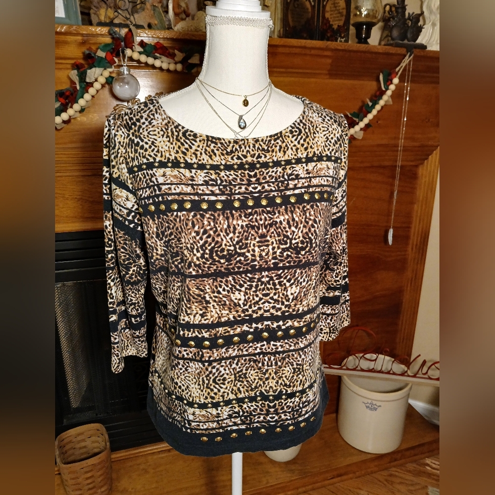 Ruby Rd Lady's Long Sleeved Tee With Animal Print And Stud Embellishments